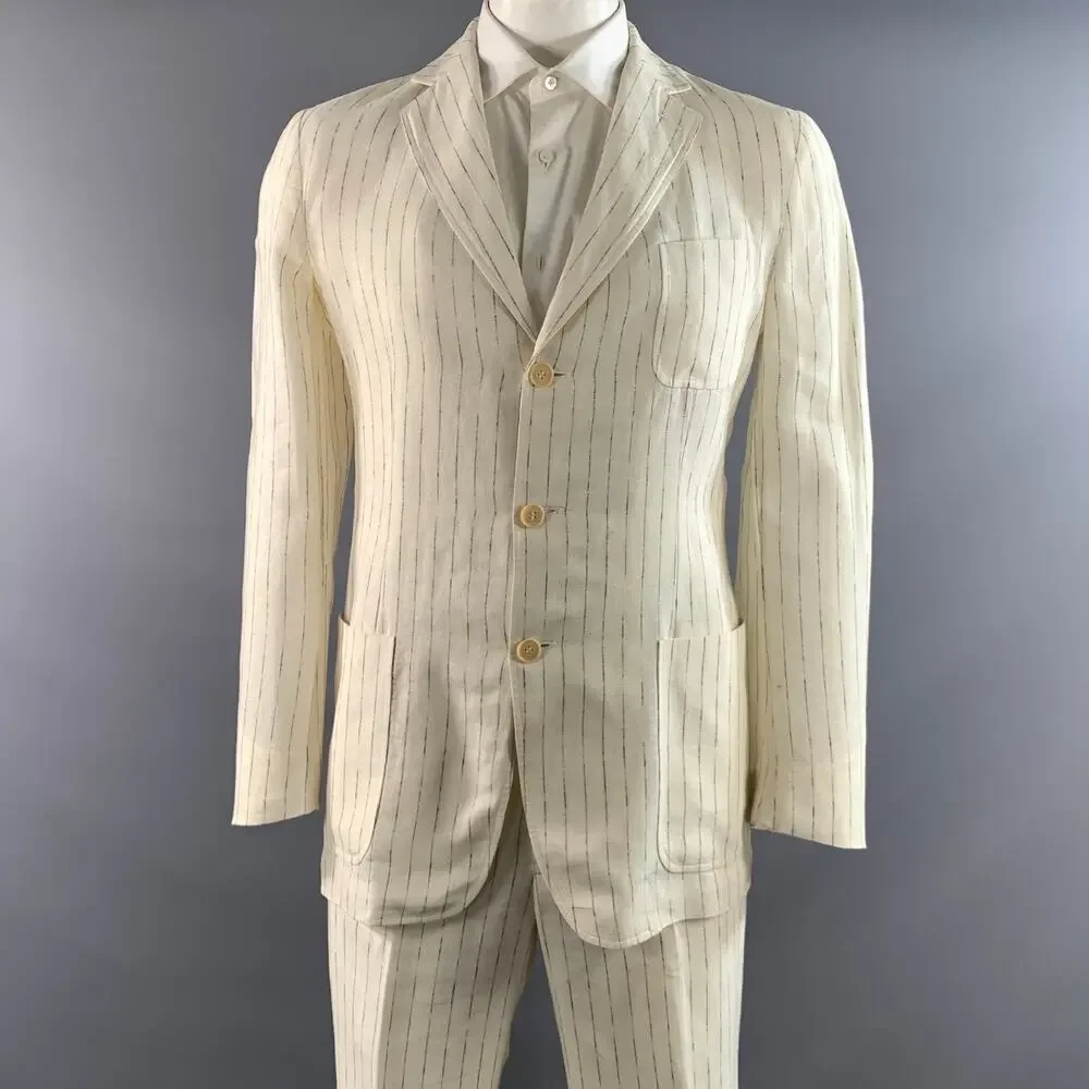 KRIZIA UOMO Chest Size 42 Cream Light Grey Pinstripe Linen 32 31 Suit